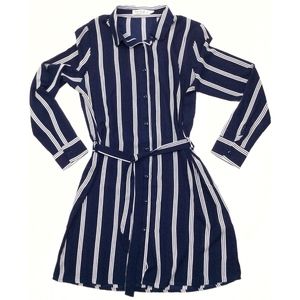 Long Sleeve Stripe Belted Button Down Tunic Dress
